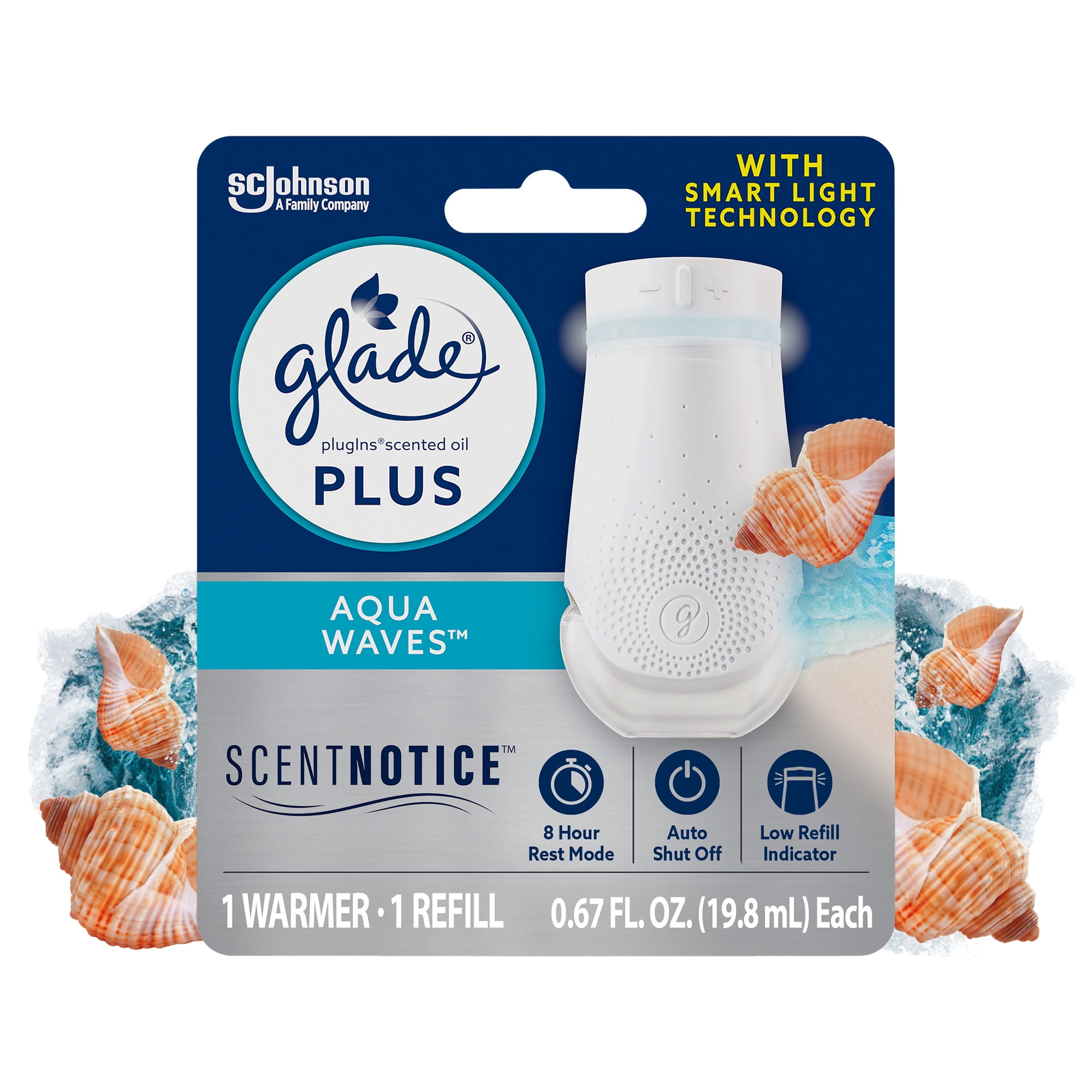 (3 pack) Glade PlugIns Scented Oil PLUS, Air Freshener Oil Warmer and Refill, Aqua Waves™, with ScentNotice Technology