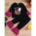 thumbnail image 2 of Bagilaanoe 2Pcs Toddler Baby Girl Halloween Outfits Letter Bat Spider/Ghost Print Long Sleeve T-shirt Tops + Flare Trousers 6M 12M 2T 3T 4T 5T Kids Long Pants Set, 2 of 9