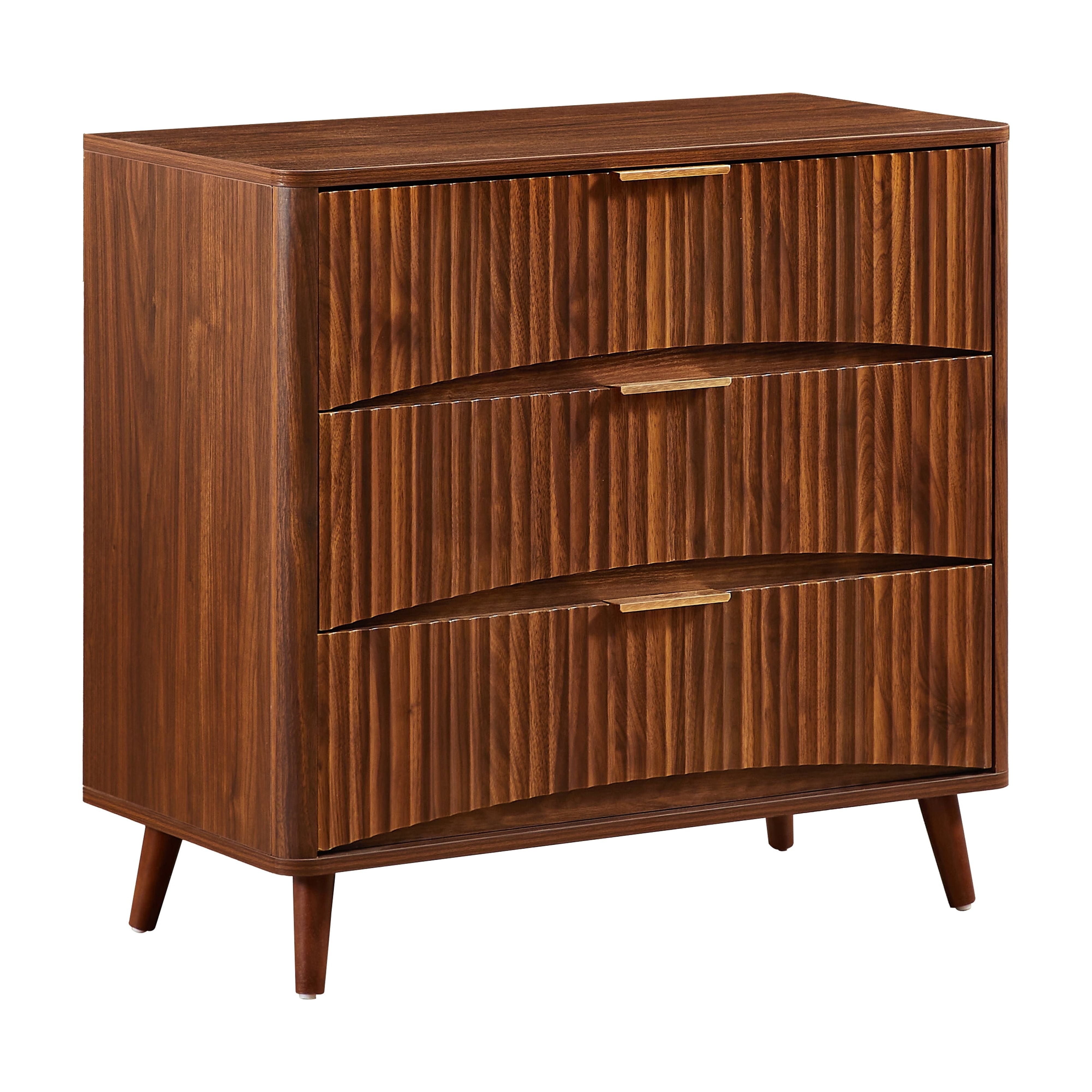 3 Drawer Dresser, Tall Chest of Drawers with Vertical Grooved Design, Solid Wood Storage Cabinet with Metal Handles for Bedroom Living Room, Walnut (31.5"W x 15"D x 30"H)