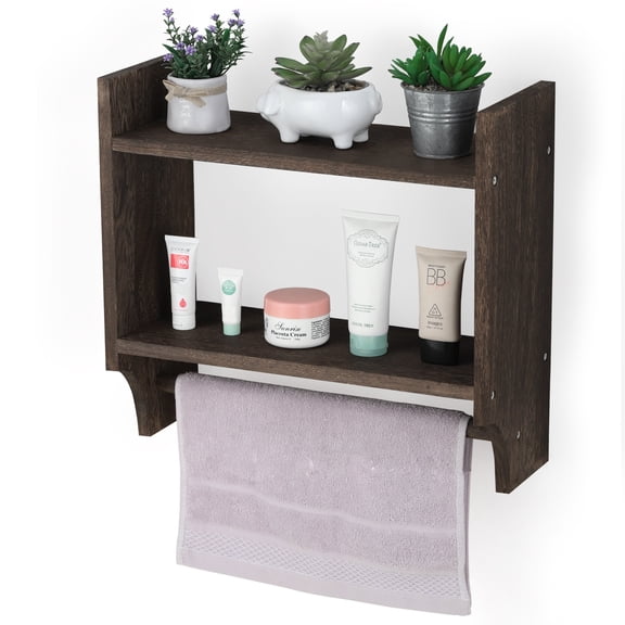 SolidPal 2 Tier Wall Mounted Bathroom Towel Rack, Rustic Wood Storage Organizer with Hanging Towel Bar