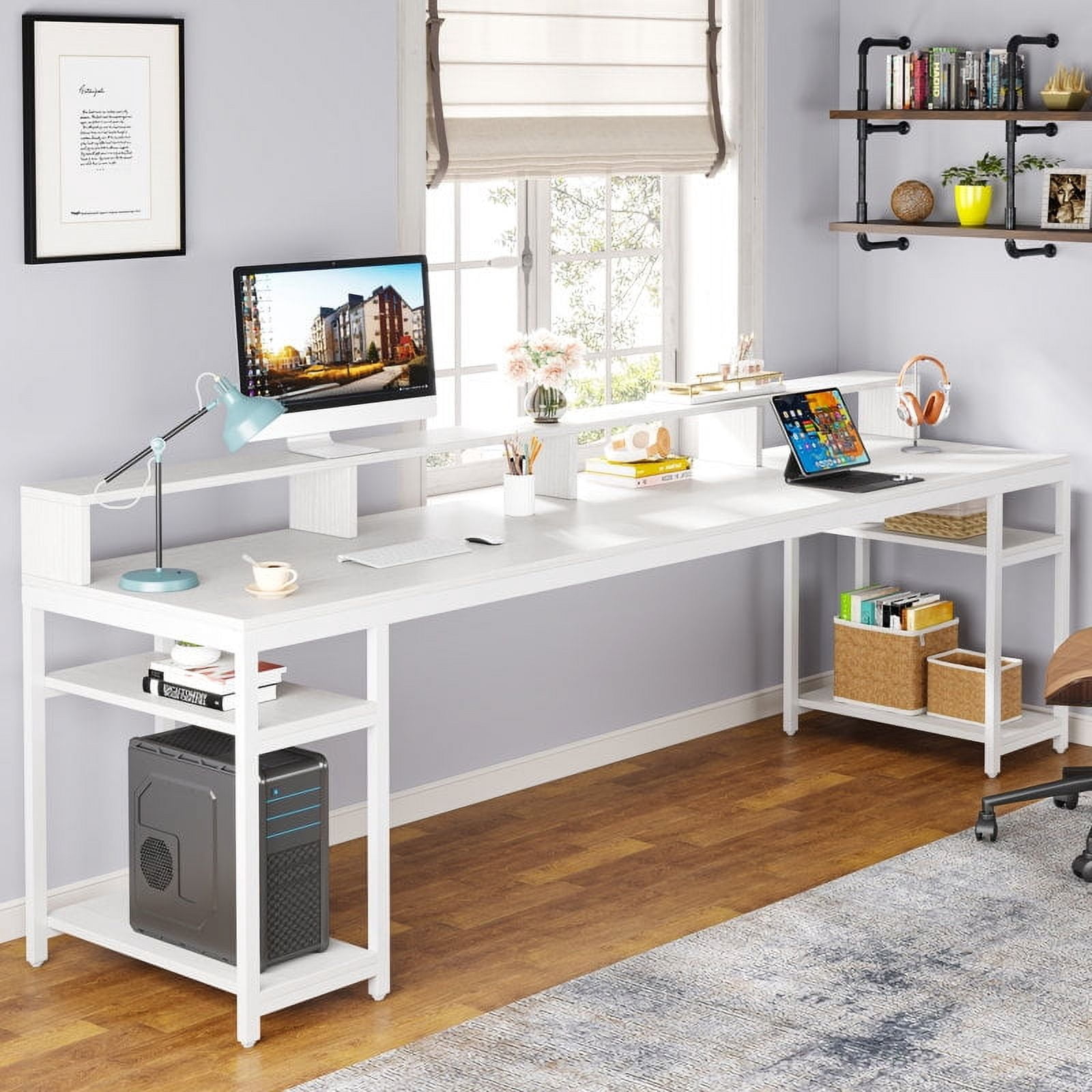 Tribesigns 78.74" Two Person Desk with Monitor Stand, Long Double Computer Desk with Storage Shelves for Home Office, White