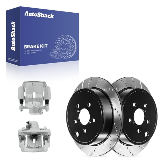 AutoShack Rear Solid Drilled & Slotted E-Coated Brake Rotors Calipers 4-PC Brake Kit Replacement for 2008-2014 Subaru Impreza 2009-2013 Subaru Forester ShadowGuard 11.25" (285.8 mm)