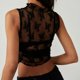 thumbnail image 5 of Top corto sin mangas de encaje transparente para mujer - Cuello alto, fruncido en los laterales, bordado floral, 5 of 7