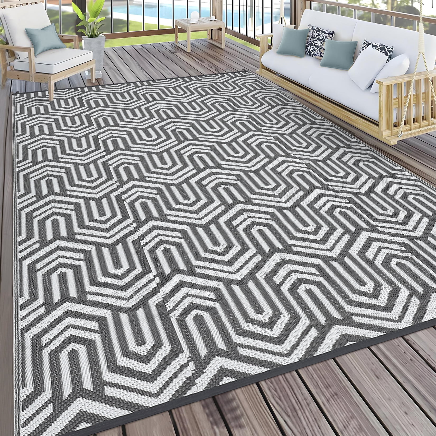 Garvee Waterproof Outdoor Rug 8x10ft Reversible Patio Rug, Plastic Straw Rug RV Camping Rug for Deck Balcony Porch Picnic Backyard, Gray White