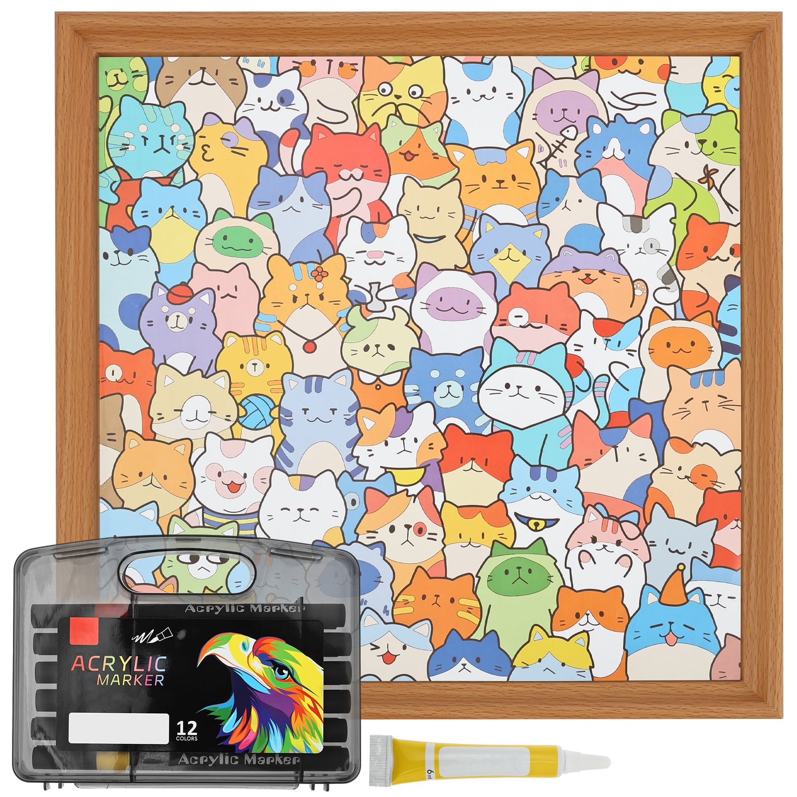 Wooden Coloring Puzzle with 12 Color Marker Glue Instruction Diagram Assembly Drawing Cat/Dog Coloring Puzzle DIY Doodling for Children and Teenager