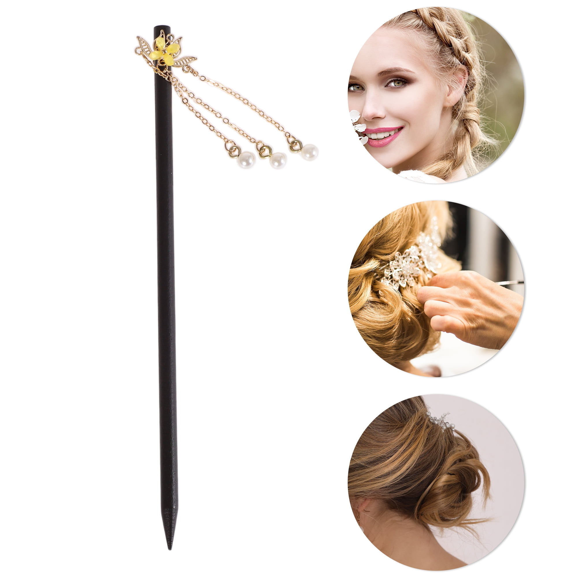 Unique Bargains Hair Chopstick for Women Black Yellow 1 Pc [Three Beads Tassel]