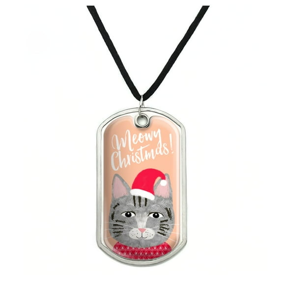 Meowy Merry Christmas Cat in Sweater and Hat Military Dog Tag Pendant Necklace with Cord