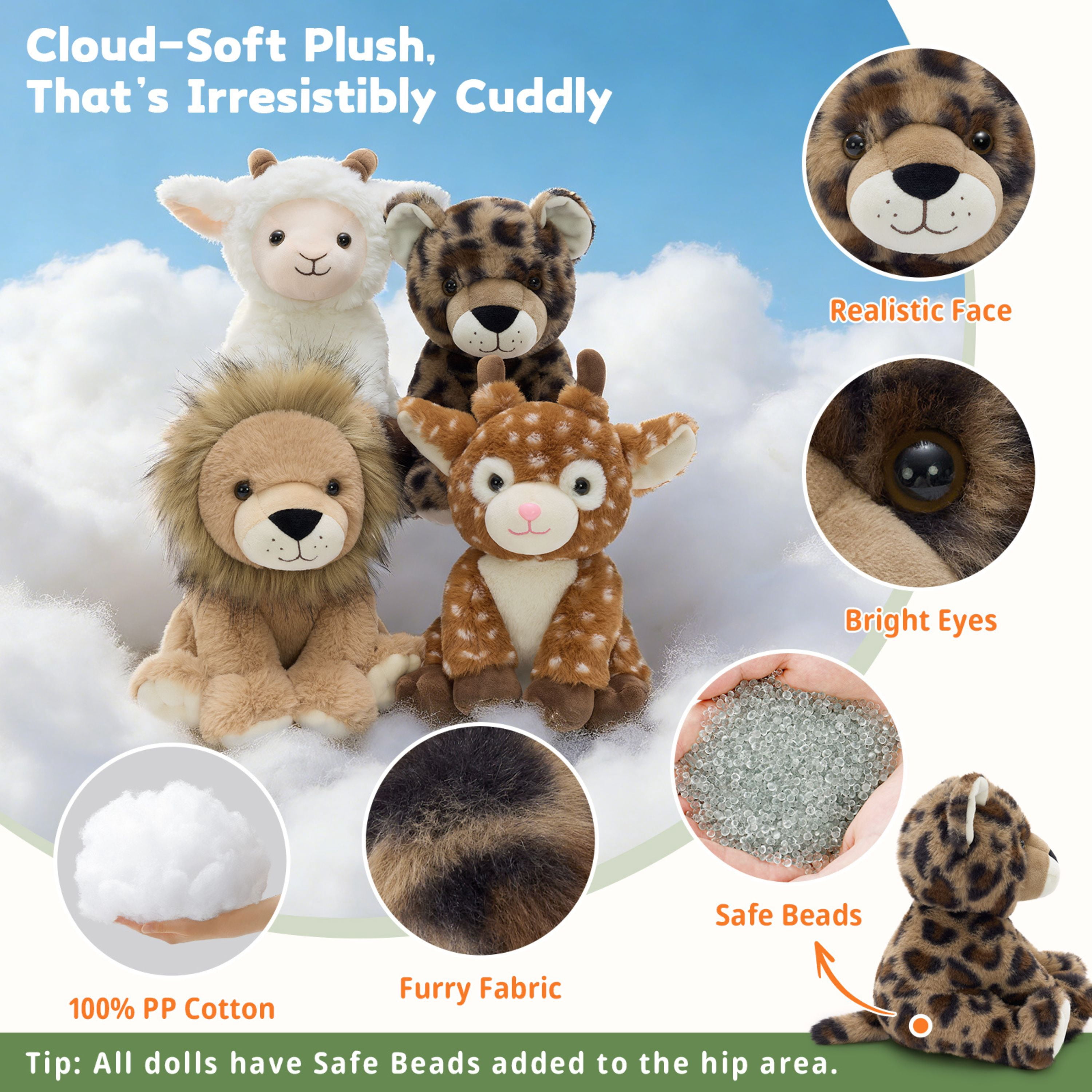 Tezituor 4Pcs Safari Stuffed Animals Stuffed Jungle Animals Plush(Goat / Leopard / Lion /Sika Deer)