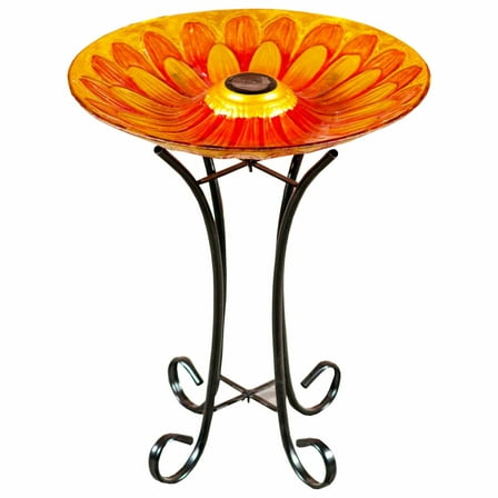 Hi-Line Gift Solar Floral Glass Bird Bath with Stand