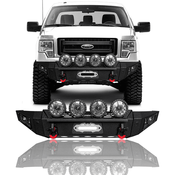 TIOYAR Steel Front Bumper for 2009-2010-2011-2012-2013-2014 Ford F150 (Not fit Raptor) With Winch Plate&Lights (Black Texture)