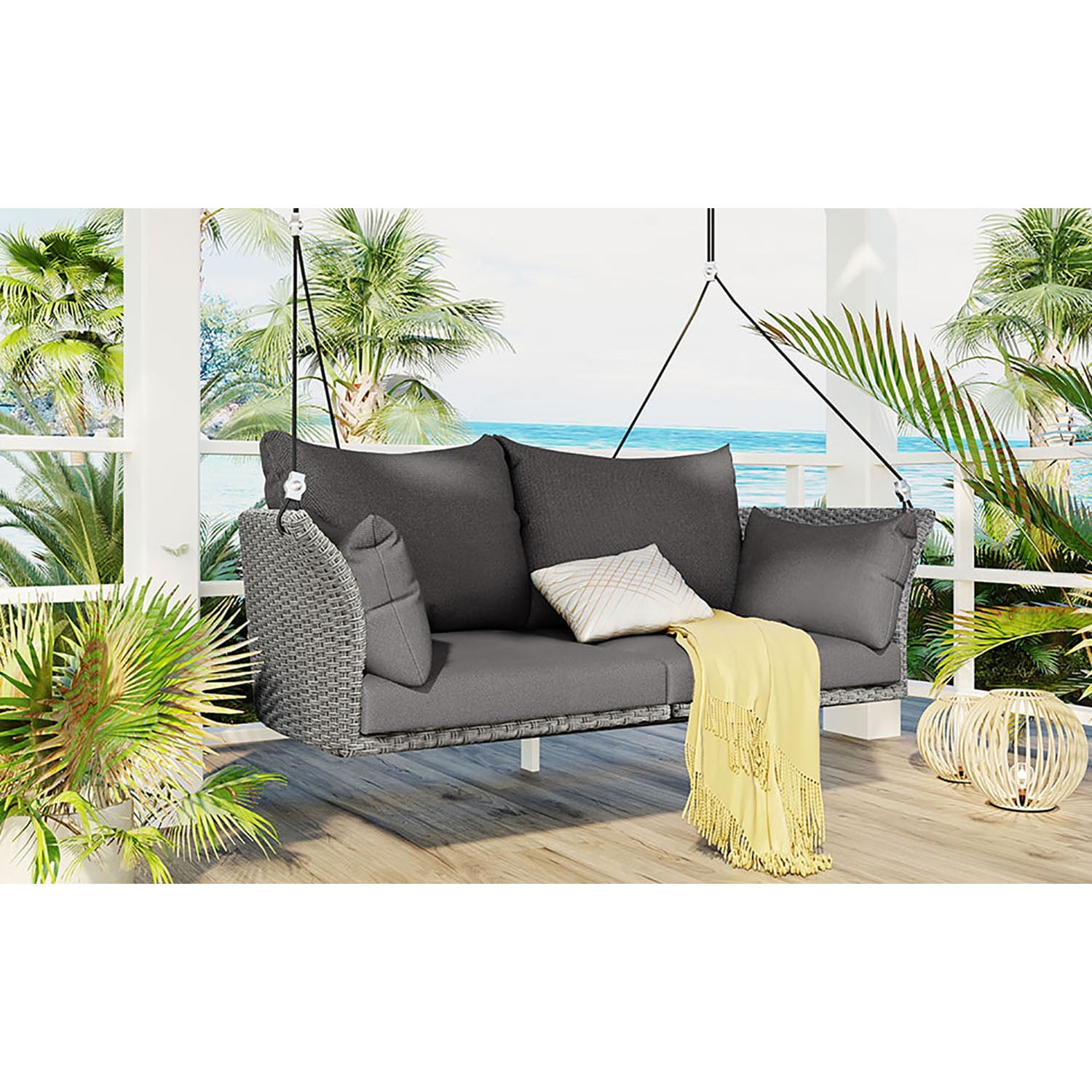 Kadyn 51.9" 2-Person Hanging Seat, Rattan Woven Swing Chair with Ropes, Gray Wicker and Cushion, Porch Swing Chair for Outdoor, Gray Kadyn 51.9" 2-Person Hanging Seat, Rattan Woven Swing Chair with Ropes, Gray Wicker and Cushion, Porch Swing Chair for Outdoor, Gray