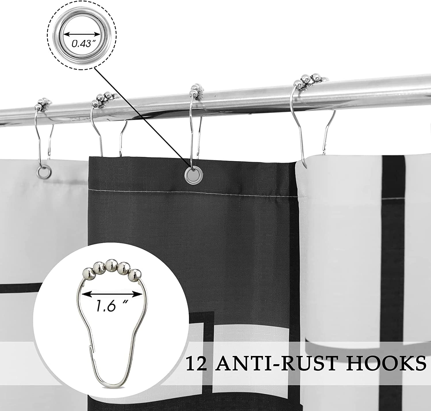 Black Shower Curtain Fabric Shower Curtain Set with 12 Hook Bath Curtain 72 x 72 inches