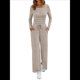 thumbnail image 1 of Conjuntos de Dos Piezas para Mujer, para Estar en Casa, para Otoño, con Suéter de Cuello Henley, Pantalones Anchos y Chándal Caqui M, 1 of 8