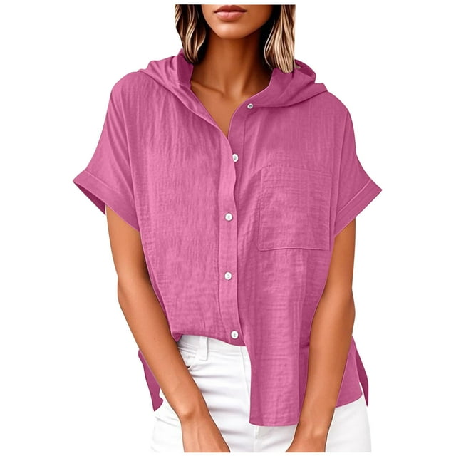 Vestidos Casuales Para Mujer, Blusas De Mujer De Moda Blusa de lino con cuello en V y manga corta para mujer, estilo túnica de verano con capucha y botones sueltos
