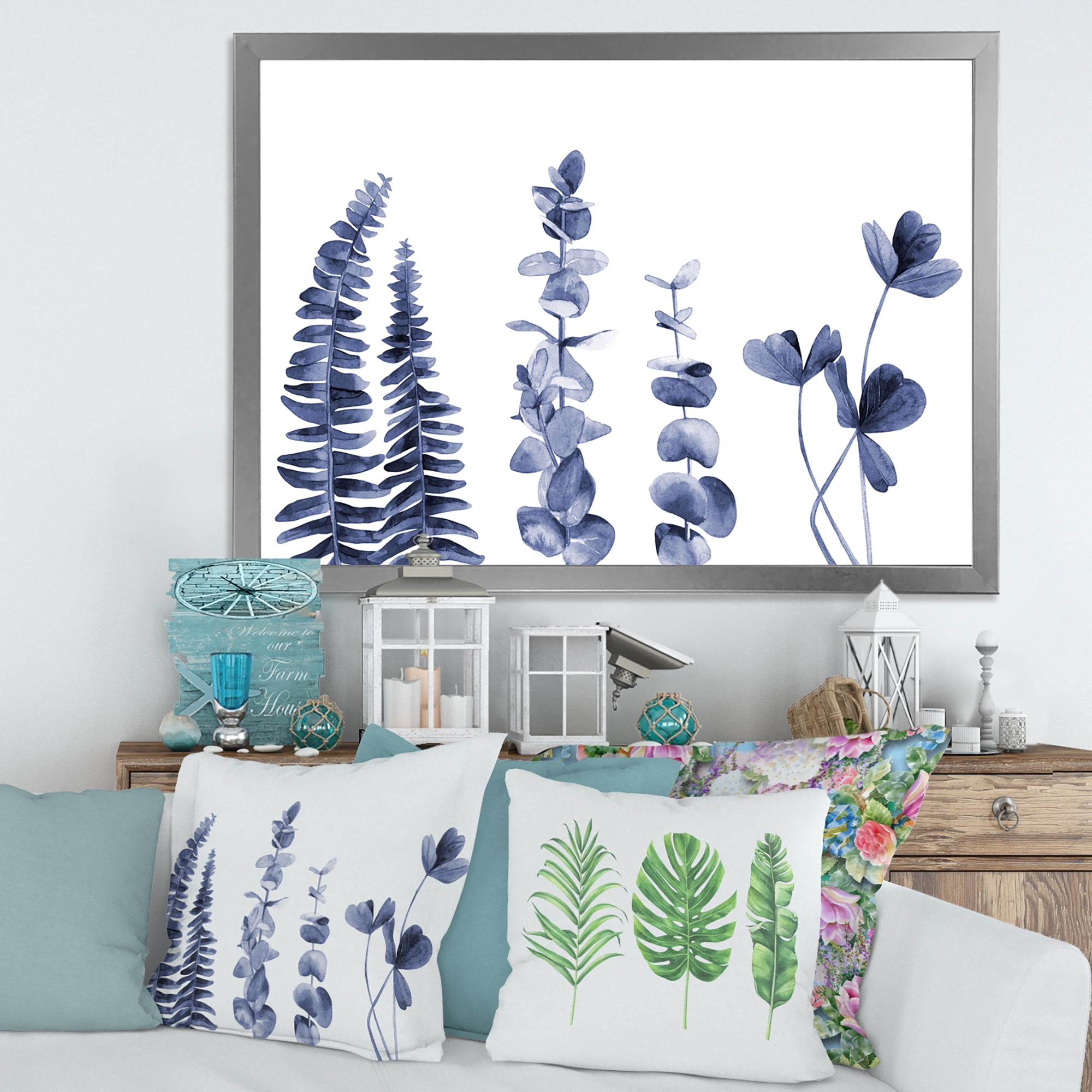 Designart 'Navy Blue Eucalyptus On White I' Traditional Framed Art Print