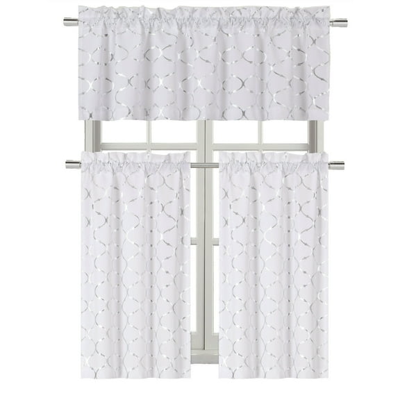 Metallic Lattice Clover Ultra Luxurious Complete Kitchen Curtain Tier & Valance Window Curtains Set - Silver