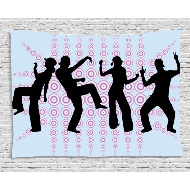 Hip Hop Tapestry, Funky Geometric Background with Silhouette People