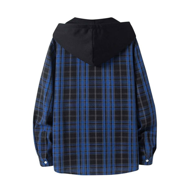 Mens Shirt Adult Male Plain Shirts Pack Mens Plaid Shirt Trend Hip Hop  Hooded Cardigan Clothes(Blue,M) 