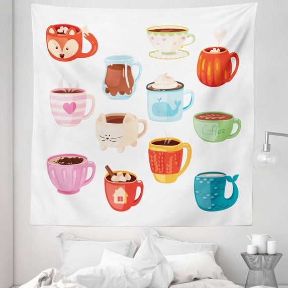 Hot Chocolate Tapestry, Cartoon Drawn Colorful Homemade Tea Coffee Beverage Cups Winter Pattern, Fabric Wall Hanging Decor for Bedroom Living Room Dorm, 5 Sizes, White Multicolor, by Ambesonne