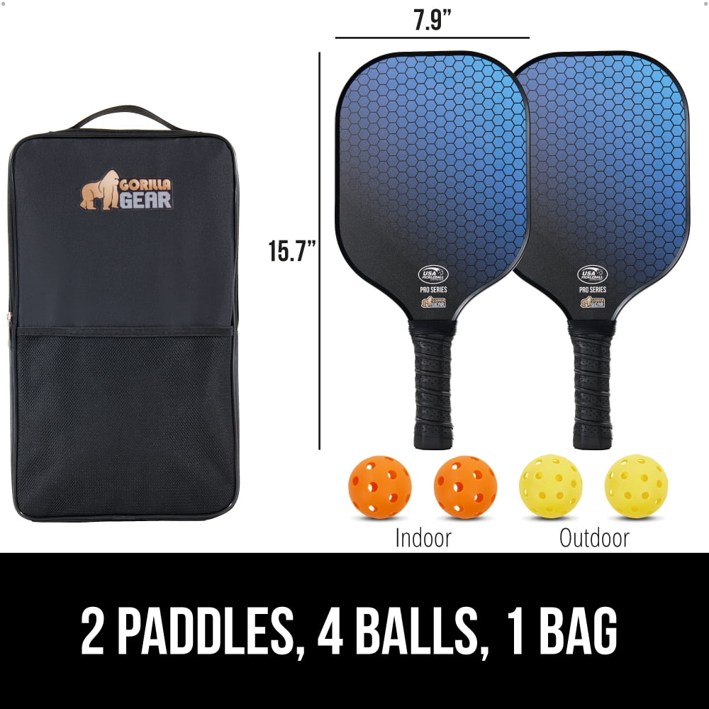 Gorilla Gear Pickleball Paddle Set of 2 with Pickleball Balls, Bag, USAPA Approved Fiberglass Racket, Blue
