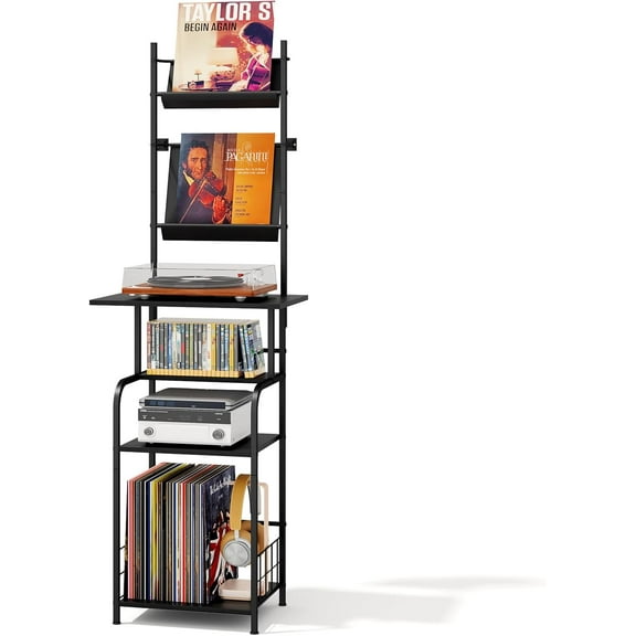 Record Player Stand with Vinyl Storage - 6-Tier Turntable Table with Adjustable Feet, Metal & Wood Cabinet - Console Organizer Display Shelf for Living Room, Apartment