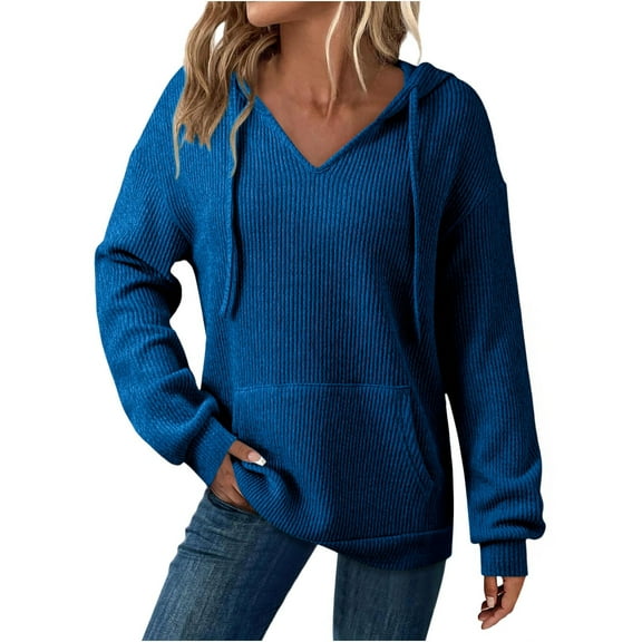 qucoqpe Women's Solid Color V-Neck Hooded Sweater Lightweight Long Sleeve Pullover Sweatshihrts Cozy Breathable Lounge Hoodie Top for Everyday