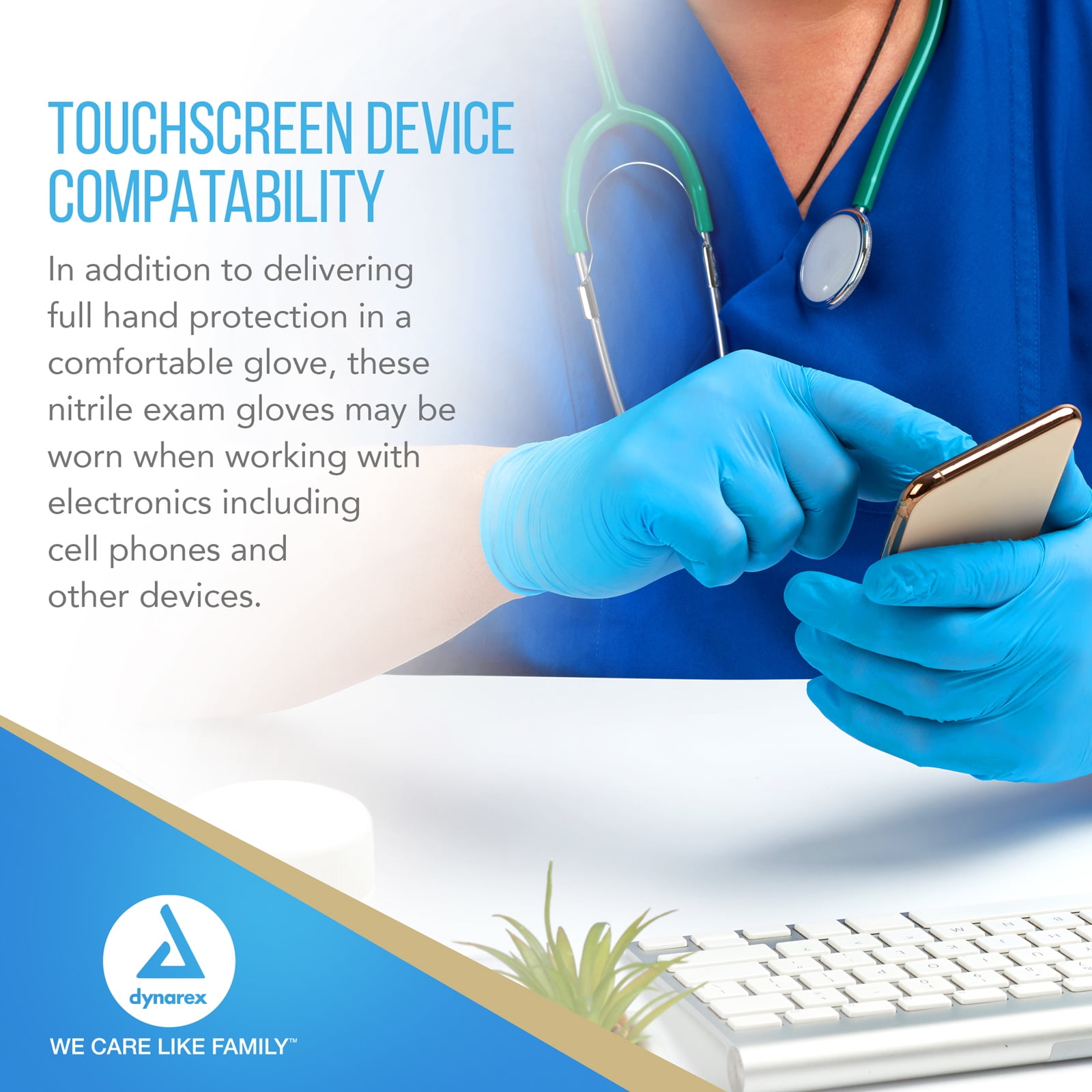 Dynarex Safe-Touch Disposable Nitrile Exam Gloves, Powder-Free, Latex-Free, Touchscreen Friendly, Blue, Extra-Large, 1 Case of 1,000 Gloves (10 Boxes of 100 Gloves)