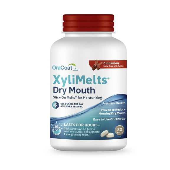 OraCoat XyliMelts Dry Mouth Relief Moisturizing Oral Adhering Discs 80 Count, Cinnamon with Xylitol, for Dry Mouth, Stimulates Saliva, Non-Acidic
