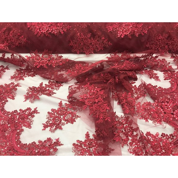 DECORATIVE SILK INC. Sequin lace Fabric with embroideries on mesh VT-010 (1 Yard,BURGUNDY)