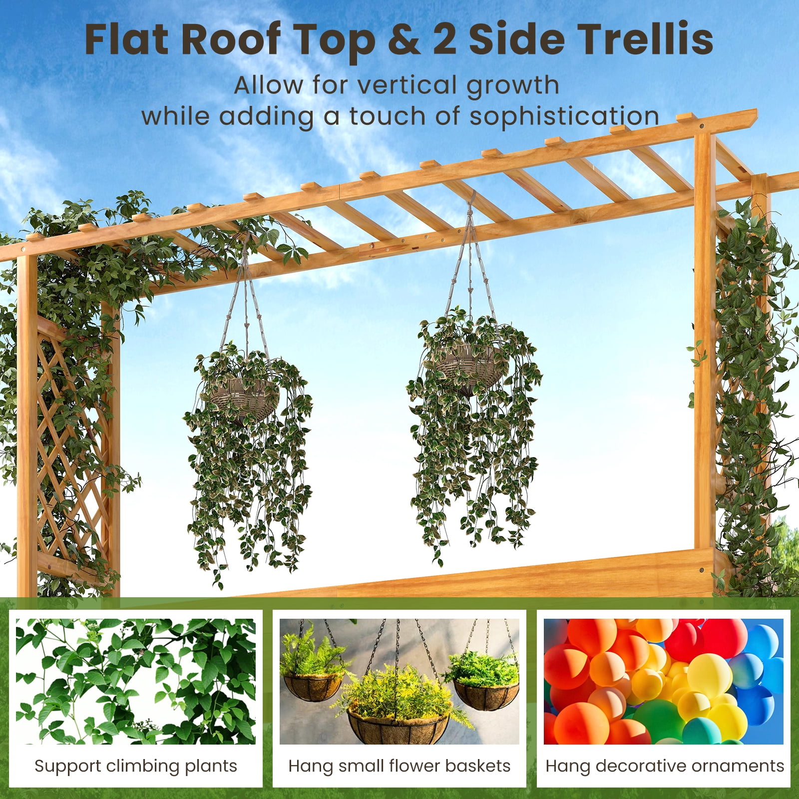 Costway 1 PCS 45” Raised Garden Bed with Trellis with Hanging Roof, 2 Side Trellises for Flower