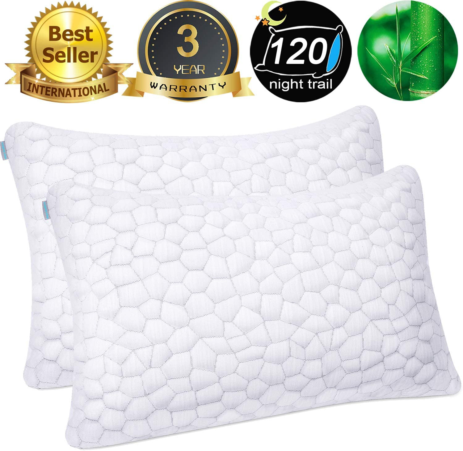 Comficlouds Cooling Bed Pillows for Sleeping Set of 2 Queen Bamboo Cooling Bed Pillow, White