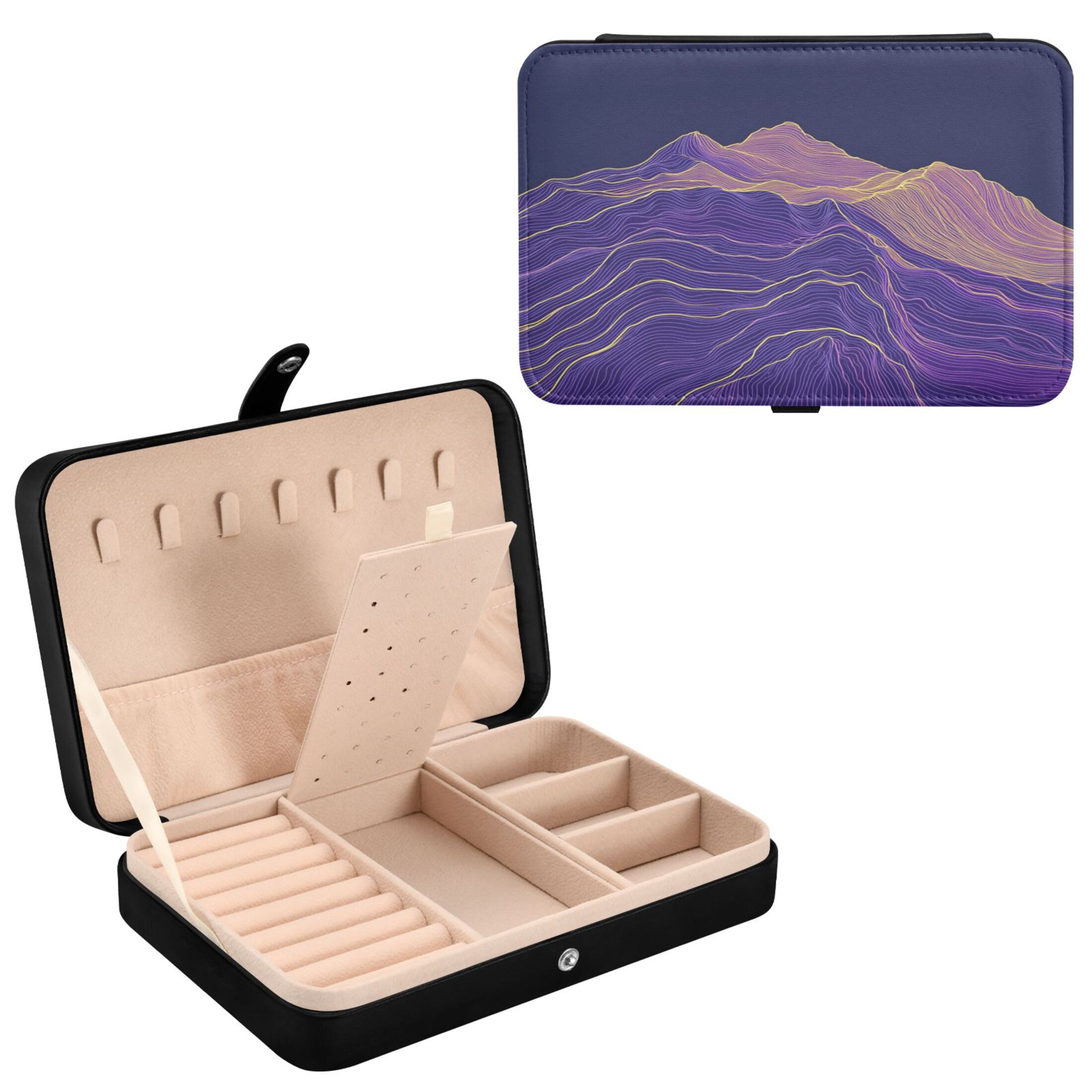 Leather Jewelry Box Rectangular 8.27x5.5x1.78In Travel Jewelry Storage Earrings Necklace Bracelet Watch Brooch Storage Purple Line Mountain