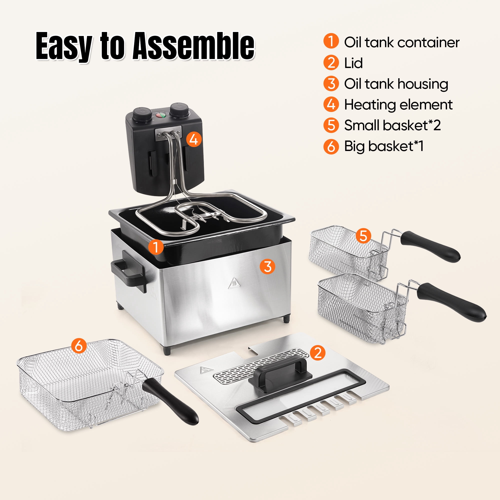 Daluvenix Electric Deep Fryer, 5L Capacity with 3 Frying Baskets, 1700W Power, Time & Temperature Control, Stainless Steel, Dishwasher Safe Lid & Baskets, Home Use Fryer with View Window & Odo