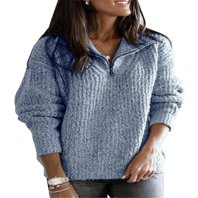 Women‘s Plus Size Long Sleeves Pullover Knitted Tops Casual Zipper Sweaters