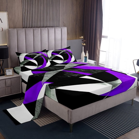 Erosebridal Geometric Round Sheet Set Twin,Black Purple Bedding Sets Twin Size,Abstract Artwork Twin Sheet Sets,Lightweight Circle Room Decor,3pcs
