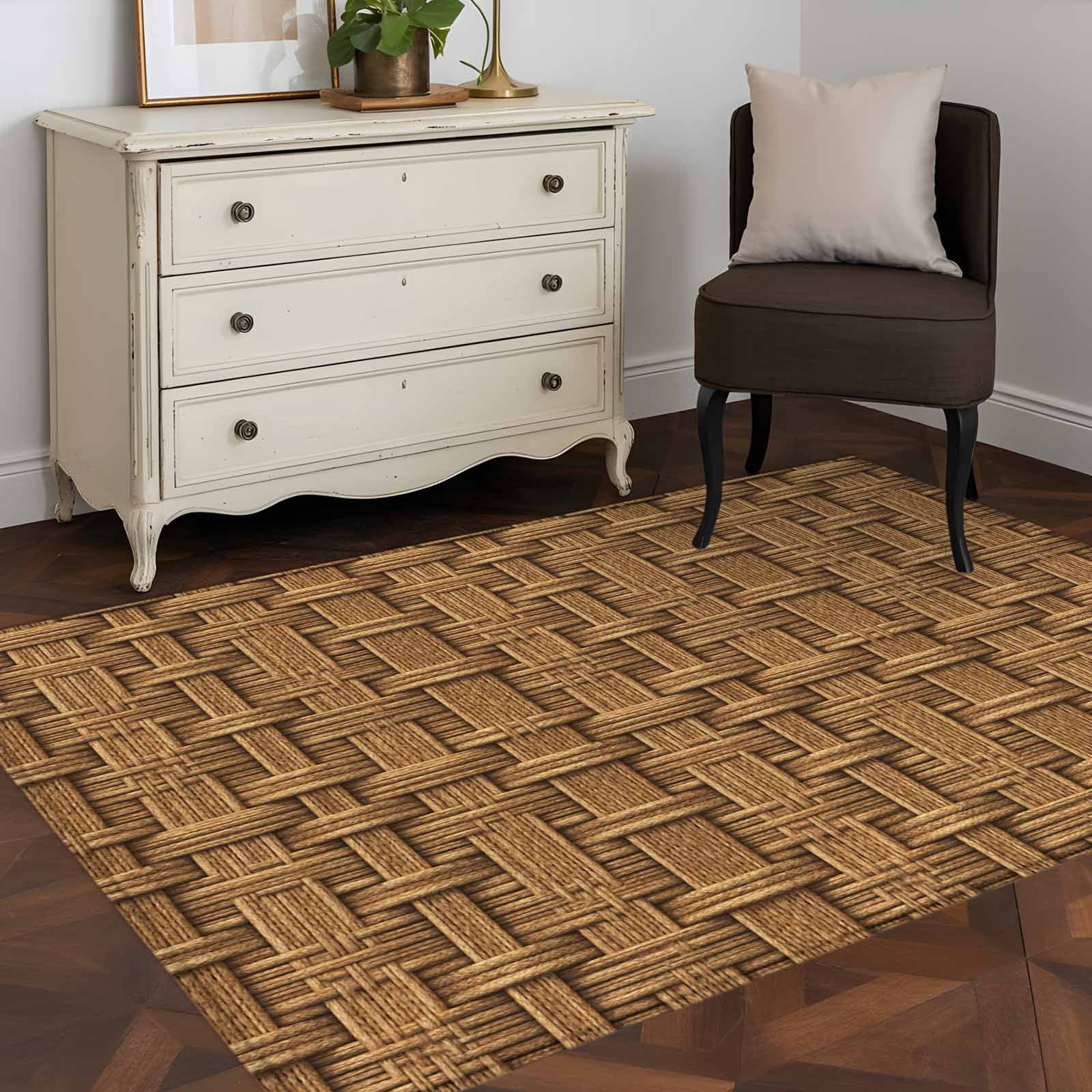 Area Rugs 2.7'x5', Vintage Rattan Carpet for Living Room Bedroom Dining Room, Minimalist Abstract Wicker Texture Brown Throw Kitchen Rugs Non Slip Washable Rectangle Indoor Outdoor Rugs