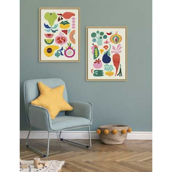 Kate and Laurel Sylvie Modern Fruits and Modern Veggies Framed Canvas Wall Art Set by Rachel Lee, 2 Piece Set 18x24 Natural
