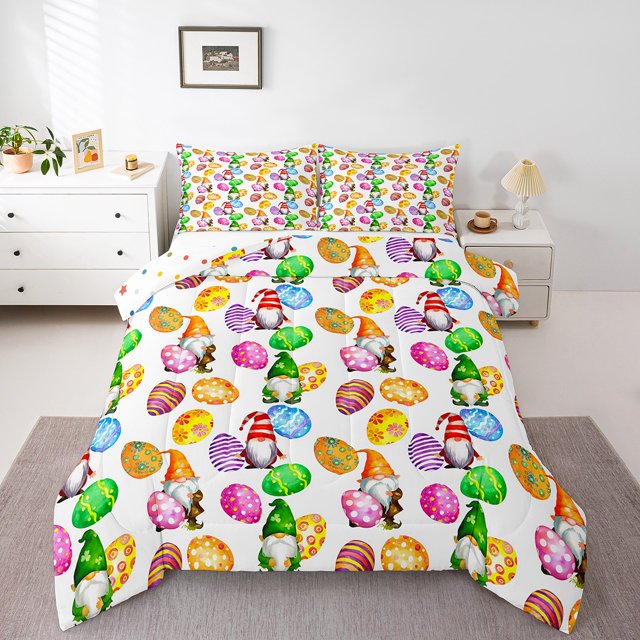 Erosebridal Ensembles de Couette Gnome de Pâques Format Double, Couettes et Duvets Oeufs Colorés, Insert de Couette Réversible Rétro Festival, Décor de Chambre en Microfibre, 3 Pcs