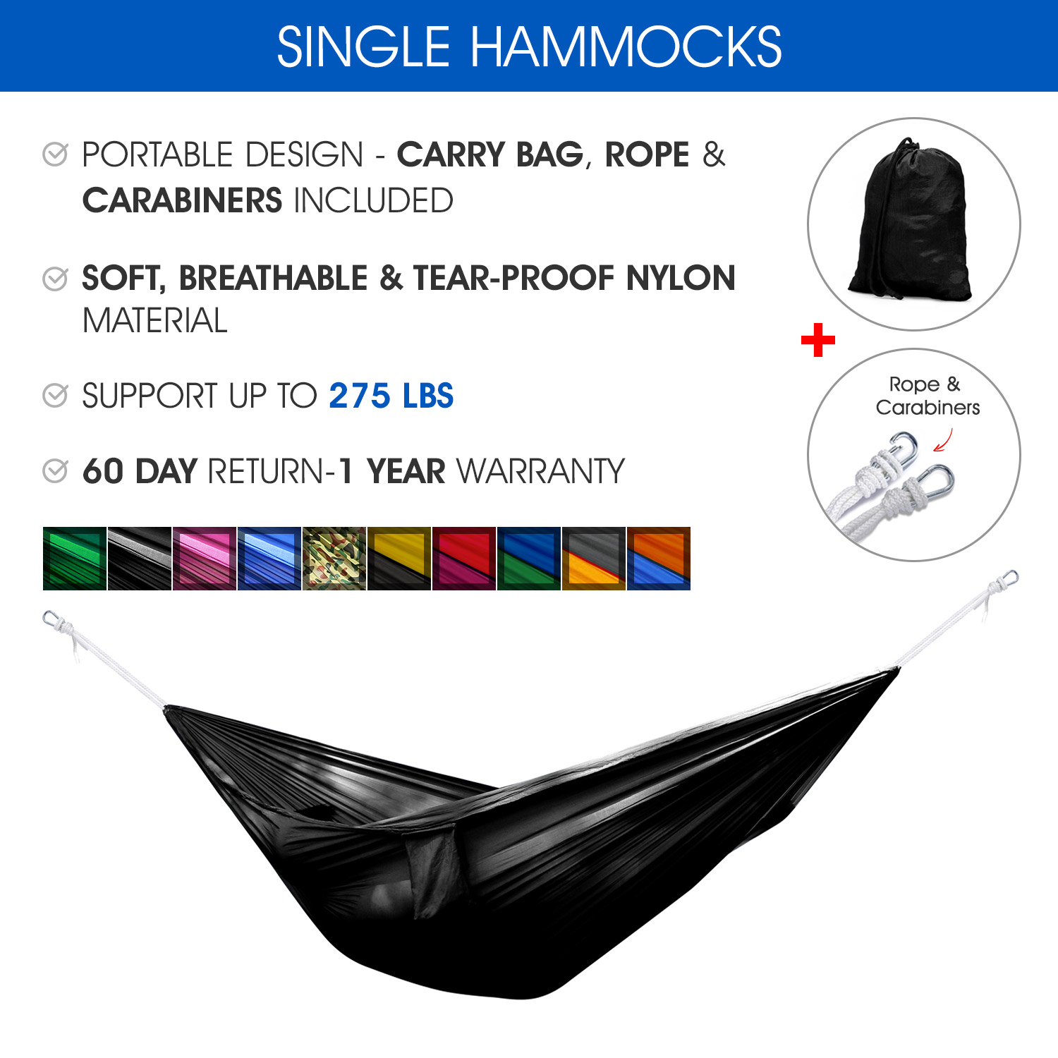 Yes4All Single Lightweight Camping Hammock with Carry Bag (Black) - image 3 of 5