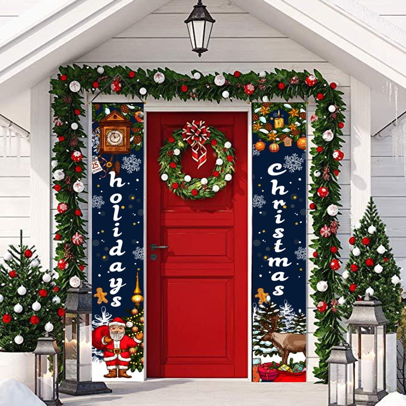 Merry Christmas Banners, Front Door Welcome Christmas Red Porch Sign Hanging Banner Xmas 
