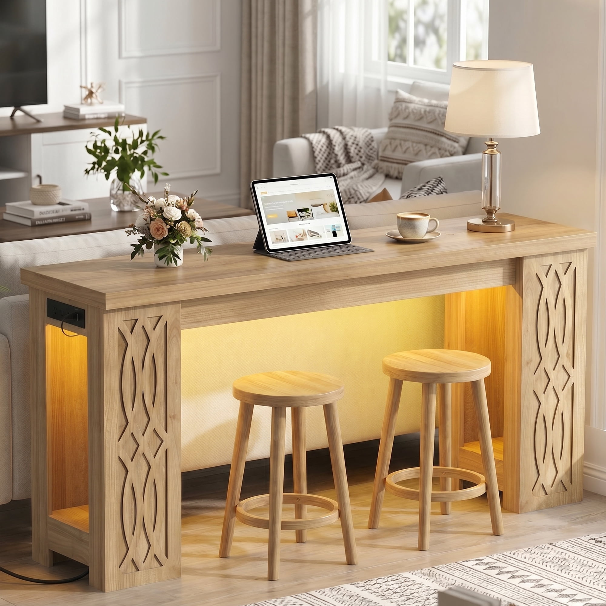Homieasy 63'' Farmhouse Console Table with Charging Station and LED Lights for Hallway, Entryway, Living Room, Brown Oak