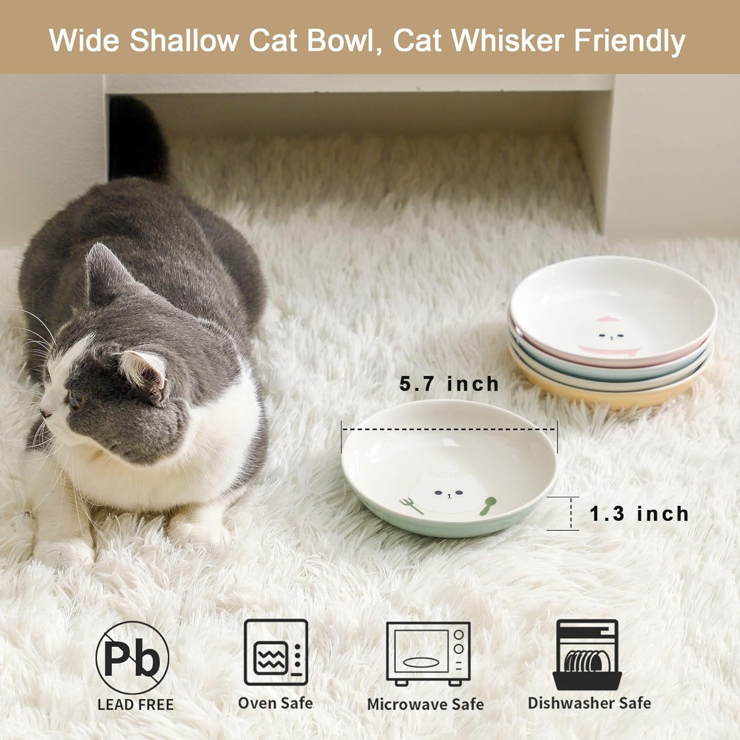 Ceramic Cat Bowls Set - 5.7 inch Wide Cat Food Bowls Whisker Fatigue Friendly, 5 Colorful Kitten Dish Plates with Cute Pattern for Wet and Dry Food Water