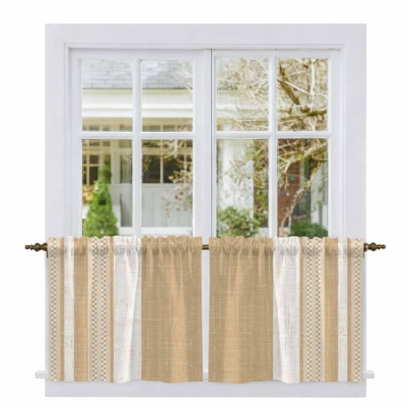 Vintage Tan Brown Striped Tier Curtains 36 Inch Length, Farmhouse Modern Stripes Boho Linen Cafe Curtains for Bathroom Over Sink, Small Kitchen Curtain Light Filtering Drapes 2 Panels 27.5"Wx36"L