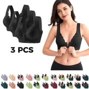 3pc Bras for Older Women Plus Size Wireless Front Closure Bra Comfort Full Coverage Lace Patchwork Everyday Bralette for Senior Black Bras,Size M-5XL