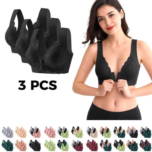 3pc Bras for Older Women Plus Size Wireless Front Closure Bra Comfort Full Coverage Lace Patchwork Everyday Bralette for Senior Black Bras,Size M-5XL