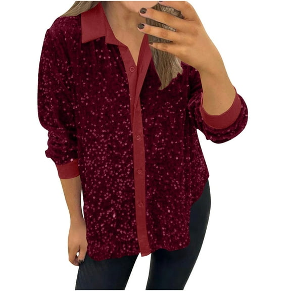 Kilaqueen Long Sleeve Shirts for Women Sparkly Sequin Lapel Collared Button Down Open Front Shirt Solid Color Soft Casual Party Club Glitter Outerwear Tops