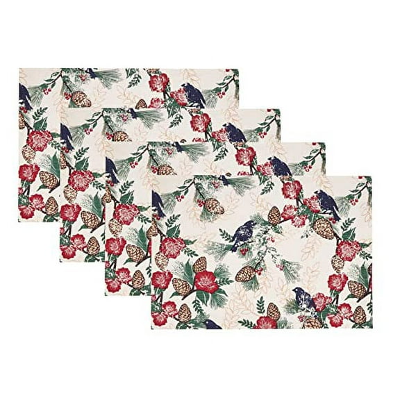 Fennco Styles Pinecones & Birds Printed Cotton Christmas Placemats 14" W x 20" L, Set of 4 - Multicolored Festive Table Mats for Home, Dining Room, Winter Holiday Décor, Banquets, and Special Events
