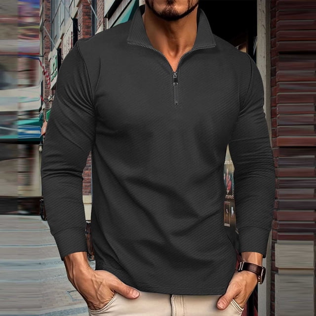 Blusa y camisa de manga larga con cuello alto para hombre, informal, de color liso, con cremallera, de manga larga, con cuello alto, de poliéster.