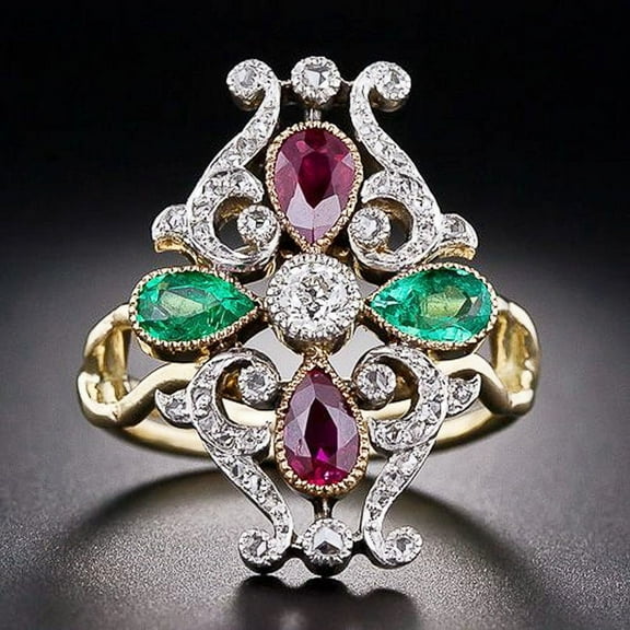Womens Fashion Crown Ring Gold Alloy Staff Ring with Red and Green Zircon Geometric Two Tone Design Statement Ring Gift for Her Jewelry Ring Size 5-11