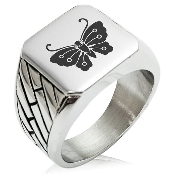 Stainless Steel Kawari Kocho Butterfly Kamon Crest Geometric Pattern Biker Style Polished Ring